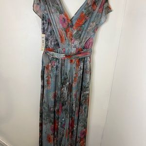 Metallic Floral Drape Shoulder Gown